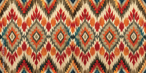 Colorful geometric textile pattern in vibrant reds, blues, and earthy tones.