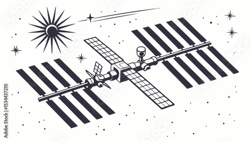 Vintage Black and White Illustration of Space Station with Solar Panels Sun Stars and Shooting Star