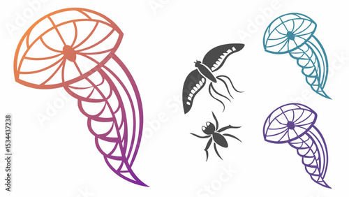 Creative stylized vector art featuring beautiful gradient jellyfish designs paired with striking black illustrations of a moth and a spider.
