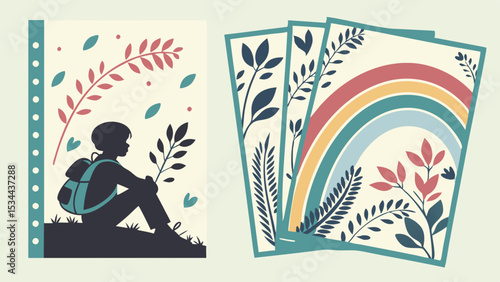Vector Flat Illustration Child Silhouette Nature Botanical Prints Rainbow Card Set