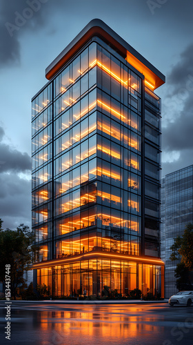 Modern glass building illuminated at dusk with warm interior lights reflecting on wet pavement
