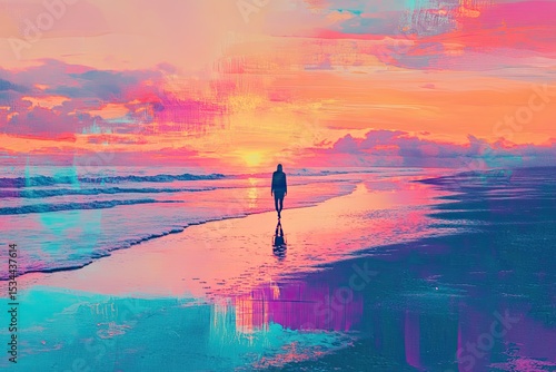 A solitary figure walks along a beach at sunset.  Vibrant colors