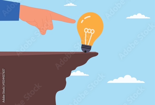 Vector illustration of a giant hand trying to push an electric bulb down a steep hill, symbolizing the struggle against innovation, obstacles to creativity, and resistance to new ideas
