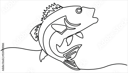 Salmon fish continuous one line drawing illustration. Fresh food concept. Rudd, roach fish, perch, carp, crucian carp continuous line drawing. Single line drawing of a leaping salmon, aquatic elegance