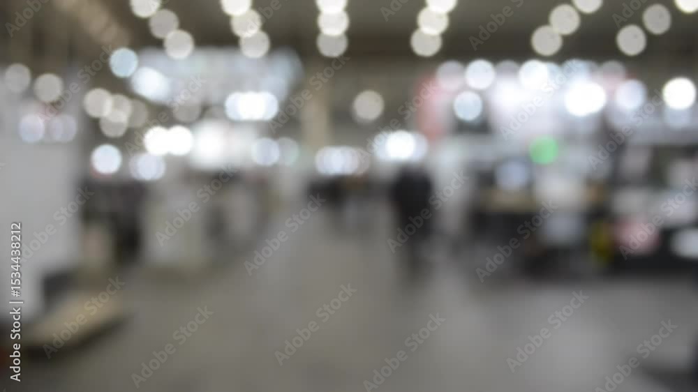 People walking in building. Building with walls, floor, ceiling illuminated lamps. Silhouettes of people indoors. Many people walking. Men and women in tall hall. Exhibition center. Blurred background People walking in building. Building with walls, floor, ceiling illuminated lamps. Silhouettes of people indoors. Many people walking. Men and women in tall hall. Exhibition center. Blurred background