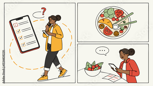 Flat illustration of woman planning healthy meals and tasks using phone app for digital lifestyle management