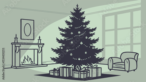 Christmas Holiday Room Illustration Decorated Tree Presents Fireplace Armchair Drawing