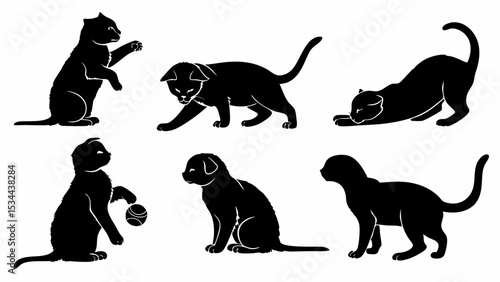 Black pet silhouettes cat and dog in various poses minimalist vector illustration set