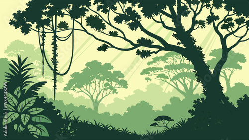 Stylized Green Tropical Jungle Forest Silhouette Layers Sunlight Beams Nature Background Graphic Art