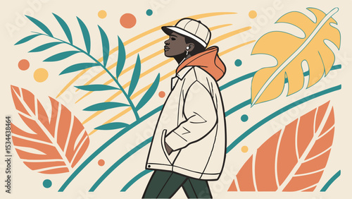 Modern Flat Art Illustration Urban Style Person Walking Streetwear Cap Hoodie Jacket Tropical Leaves