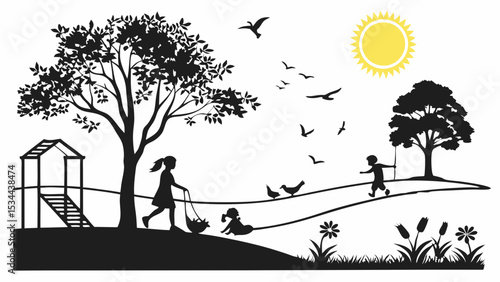 Sunny Day Black White Silhouette Children Playing Park Tree Birds Playground Swing Wagon Dog