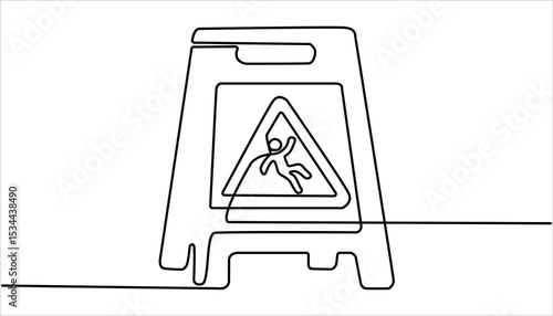 Slippery floor sign continuous one line drawing illustration. Public warning slippery sign in single line draw vector illustration.