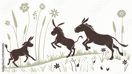 Three playful brown donkeys running silhouette illustration, a family group on a grassy hill with stylized flowers