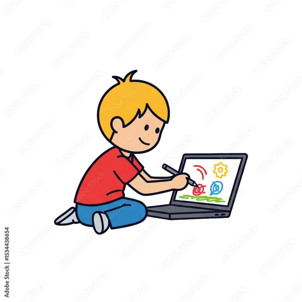 Child drawing on laptop – creative learning. Child drawing on laptop – creative learning.