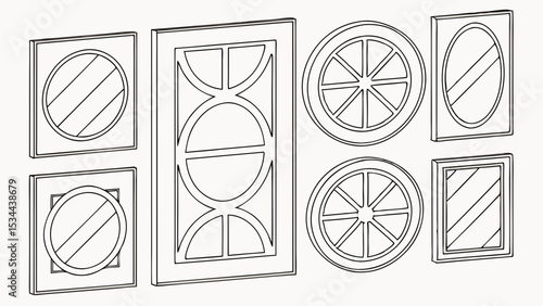 Variety of Geometric Window Designs Rectangular Square Oval Round Line Art Sketch