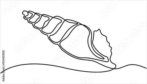 Conch snail shell one continuous line art drawing. Single line art sea shell. Doodle vector illustration. Marine animal concept continuous line art. 