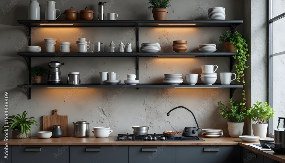 Modern Industrial Kitchen with Open Shelving, Warm Under-Shelf Lighting, Concrete Wall, and Minimalist Cookware Display Modern Industrial Kitchen with Open Shelving, Warm Under-Shelf Lighting, Concrete Wall, and Minimalist Cookware Display