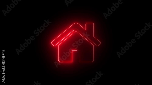 Glowing red neon house icon against a dark black background in digital style