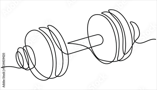 Dumbbell continuous one line drawing illustration.  Continuous one line drawing of Dumbbell - Barbell gym equipment. Single continuous line drawing of dumbbells. Sport equipment in one linear style.