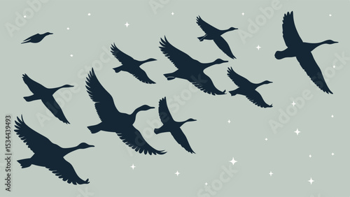 Migrating Geese Flying in V Formation Silhouette Vector Art Flock of Birds Starry Sky