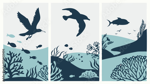 Ocean Life Silhouette Triptych: Seabirds, Fish, Coral Reefs, Marine Art