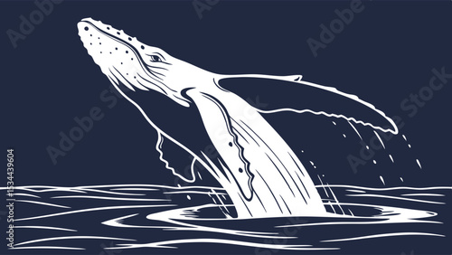 Detailed White Line Art Humpback Whale Breaching Illustration Dark Blue Ocean Marine Life Art