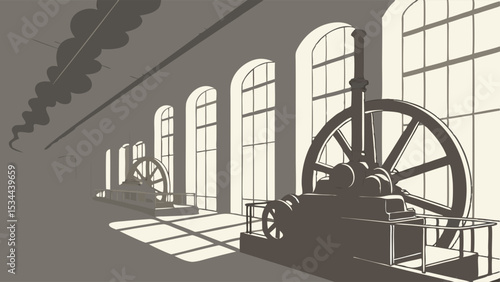 Stylized Industrial Revolution Engine Room Illustration Large Steam Engine Flywheel Arched Windows Shadows