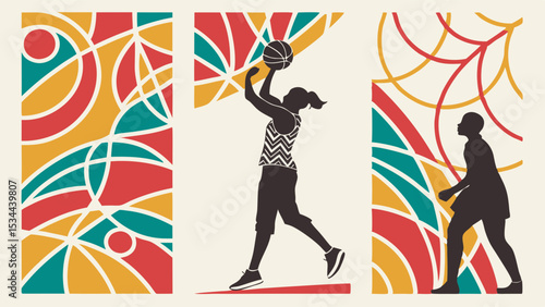 Abstract Graphic Art of Netball Players Shooting and Defending with Colorful Stained Glass Style Panels