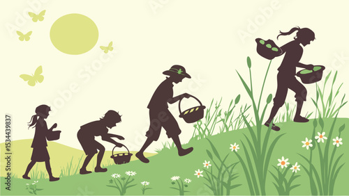 Silhouette illustration of children picking fruit in baskets on a sunny nature hill with flowers and butterflies