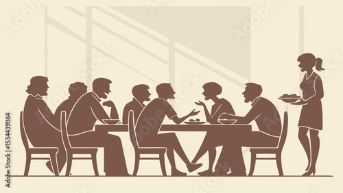 Sepia Brown Silhouette Illustration of a Group of People Dining at a Table with a Server
