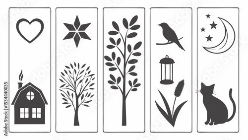 Simple Black White Silhouette Designs Nature Animals Home Celestial Heart Star Tree Bird Cat Moon Stars Graphic Art for Crafts Bookmarks