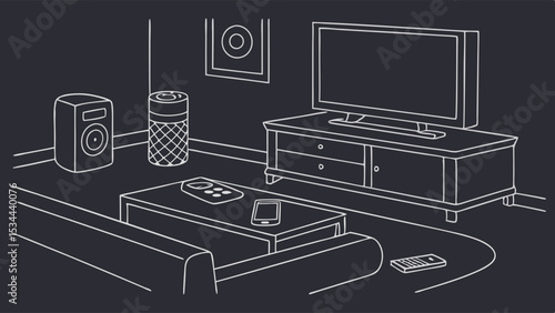 Detailed white line art illustration of a modern living room featuring a TV smart speaker speaker and home entertainment setup