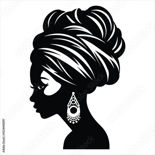 Black and White Silhouette Woman Profile Head Wrap Elegant Earrings Geometric Design headwrap
