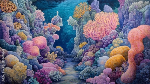 Fototapeta Naklejka Na Ścianę i Meble -  Vibrant underwater coral reef scene with diverse coral formations and fish.