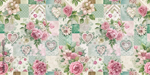 Beautiful floral patchwork design featuring pink and green tones.