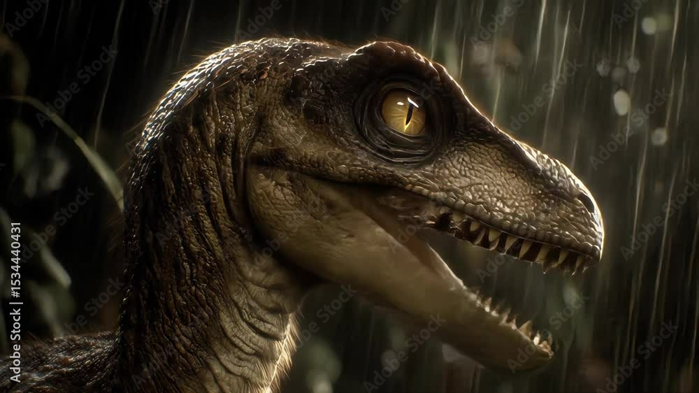 Stooping Raptor Image A raptor stands stoically in a dark jungle environment Rain falls ...