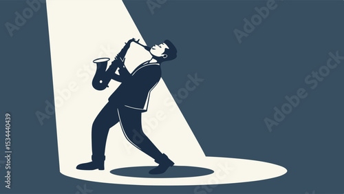 Stylized Vector Illustration Jazz Musician Playing Saxophone Under Stage Spotlight