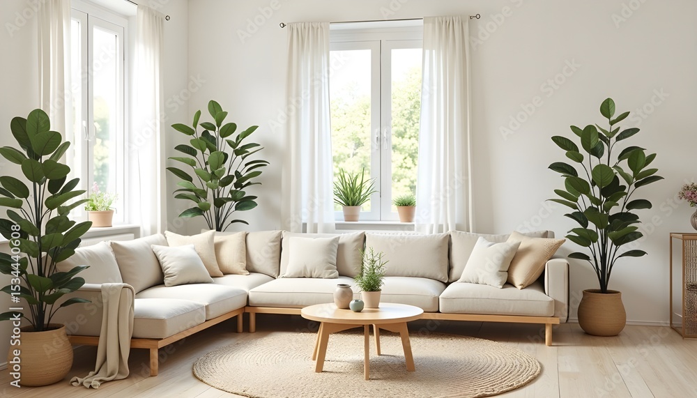 Fototapeta premium Spacious Living Room with a Neutral Sectional Sofa, Round Jute Rug, Many Potted Plants, and Large Bright Windows