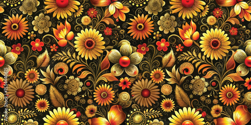 Vibrant floral pattern featuring golden hues on a black background.