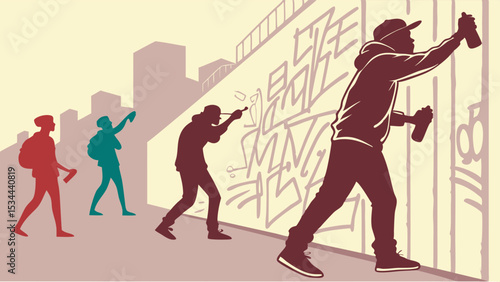 Dynamic Silhouettes of Urban Graffiti Artists Spray Painting Wall Illustration