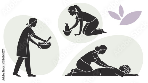 Spa and Wellness Treatments Silhouette Illustration Preparing Products Mixing and Giving a Massage for Relaxation and Self-Care