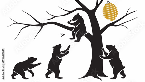 Black Bear Silhouettes Seeking Honey Reaching and Climbing a Tree for a Golden Beehive Wildlife Animal Nature Scene Artistic Vector Artwork