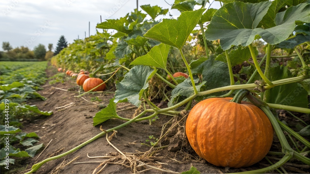 Obraz premium Fresh pumpkins in natural field with green vine leaves