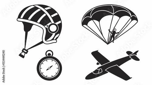 Black and White Illustration of Skydiving and Aviation Gear Helmet Stopwatch Parachute Skydiver Airplane