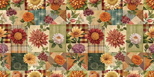 Vibrant floral patchwork pattern in warm tones with diverse flowers.