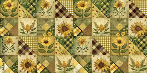 Colorful quilt pattern featuring sunflowers and green checkered designs.