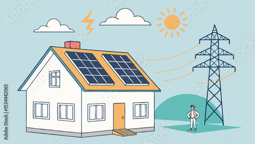 Simple hand drawn illustration of a home with rooftop solar panels generating clean renewable energy connected to the electricity power grid system.