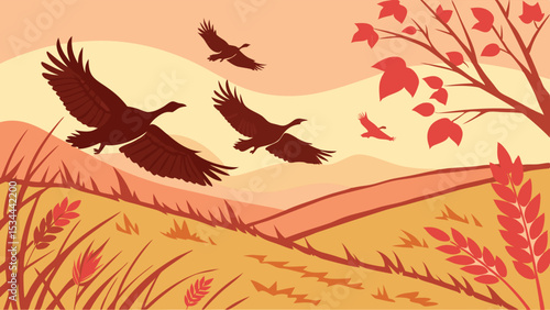 Fall Landscape Illustration: Geese Migrating Over Rolling Hills and Fields with Autumn Leaves and Warm Colors