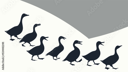 A line of seven black geese silhouettes walking across a white surface with a dark curved hill background, minimalist nature art