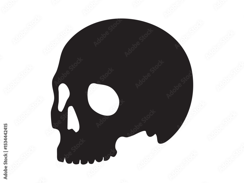 Obraz premium Black silhouette of human skull, side view isolated on white background, graphic illustration. concept of anatomy, halloween decor, death symbol, design element